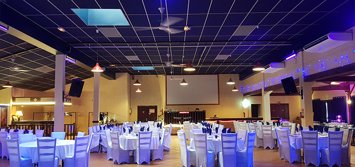dalles faux plafond rectangulaires noires salle des fêtes